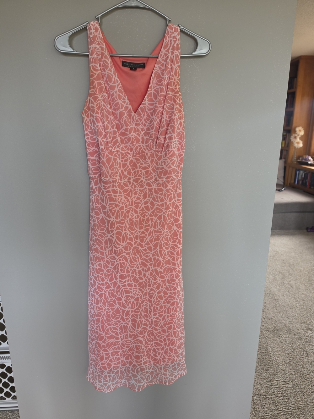 Sleeveless Coral V-Neck Dress with White Overlay